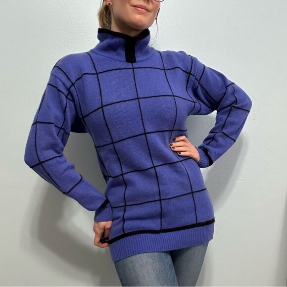 Neiman Marcus Cobalt Blue Window-pain Cashmere Turtleneck Sweater Sz S Bow - Picture 9 of 10